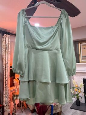 B. Darling Sage Green Satin-Look Tiered Mini Dress